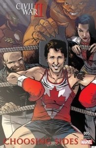 The variant cover of the comic Civil War II: Choosing Sides #5, featuring Prime Minister Justin Trudeau surrounded by the members of Alpha Flight: Sasquatch, top, Puck, bottom left, Aurora, right, and Iron Man in the background is shown in a handout photo. Make way, Liberal cabinet: Prime Minister Justin Trudeau will have another all-Canadian crew in his corner as he suits up for his latest featured role: comic book character. Trudeau will grace the variant cover of issue No. 5 of Marvel's "Civil War II: Choosing Sides" due out Aug. 31. THE CANADIAN PRESS/HO - Ramon Perez
